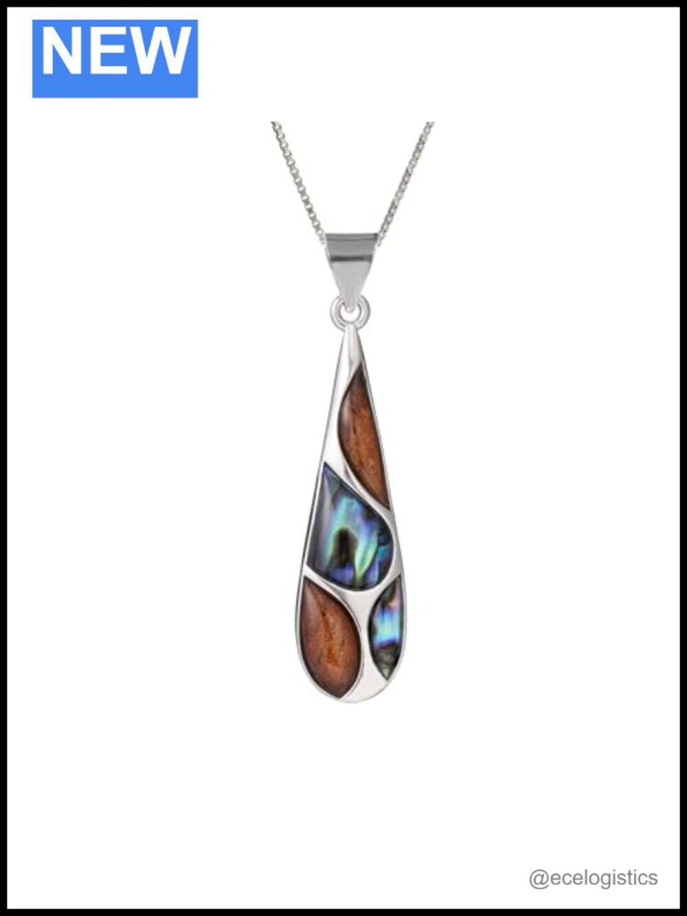 925 Sterling Silver Koa Wood Abalone Shell Hawaiian Necklace 18" Chain